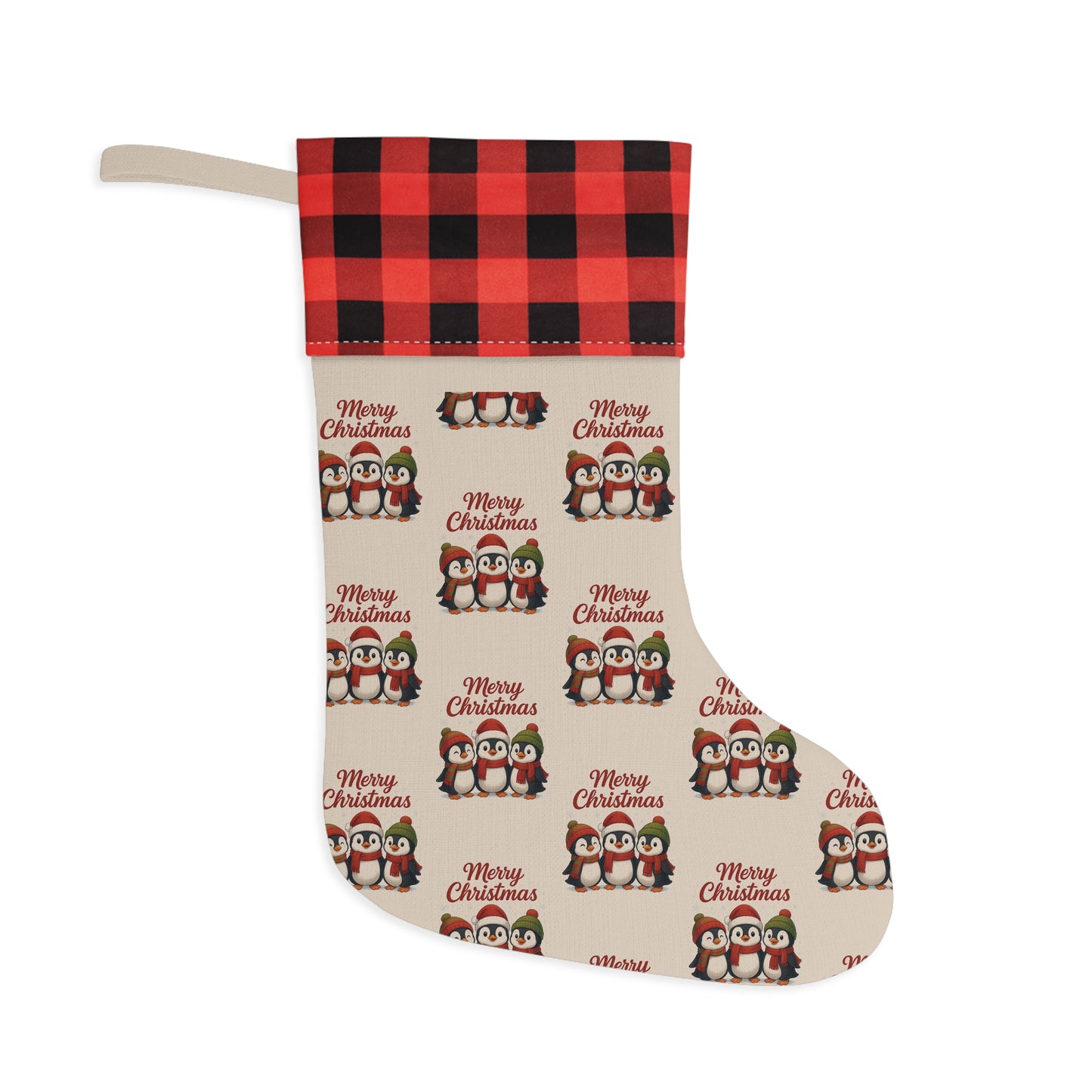 Buffalo Plaid Cuff Penguin "Merry Christmas" Stocking