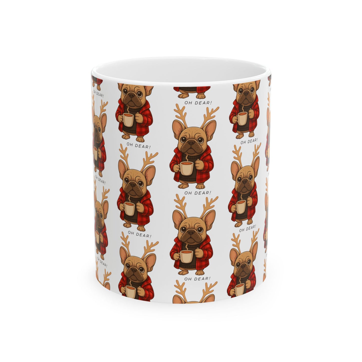 Christmas Reindeer French Bulldog Mug – Cute Cozy Holiday Coffee Cup (11oz, 15oz)