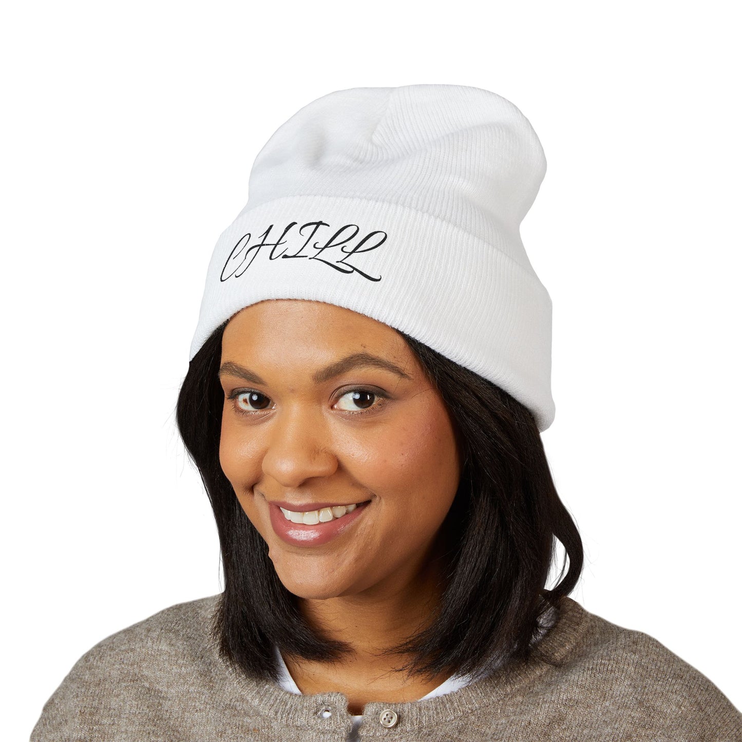 CHILL Embroidered Cuffed Beanie — Cozy Script Knit Hat