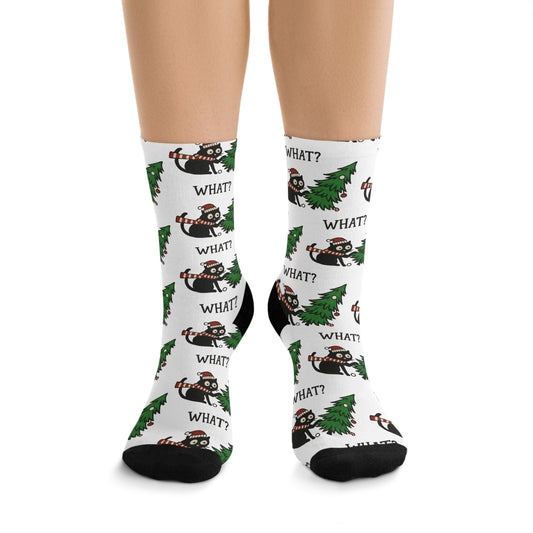Funny Holiday Socks — 'What?!' Sloth with Christmas Tree Recycled Poly Socks
