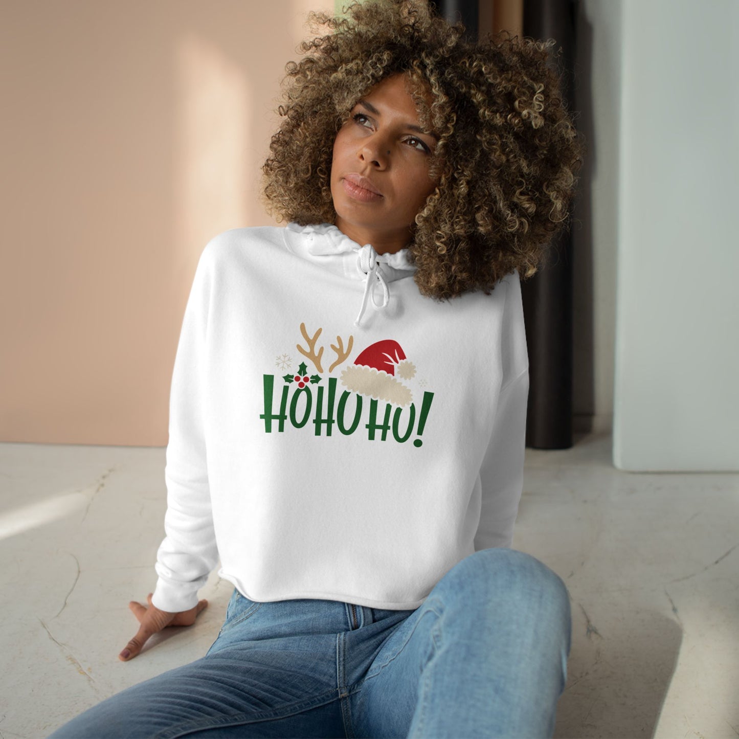 Ho Ho Ho! Christmas Crop Hoodie — Festive Santa & Reindeer Holiday Sweatshirt