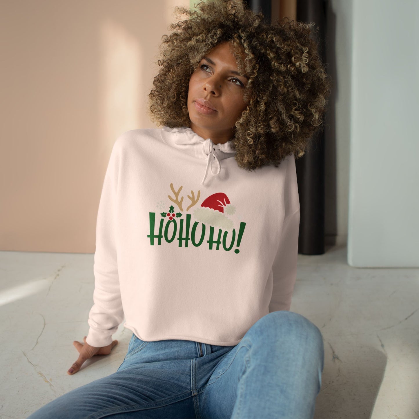 Ho Ho Ho! Christmas Crop Hoodie — Festive Santa & Reindeer Holiday Sweatshirt