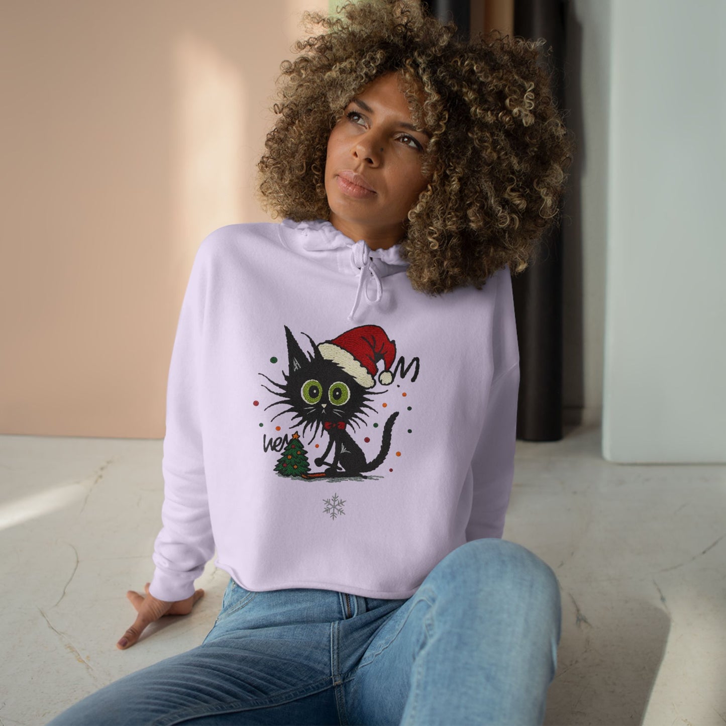 Christmas Black Cat Crop Hoodie – Cute Santa Kitty Holiday Sweatshirt