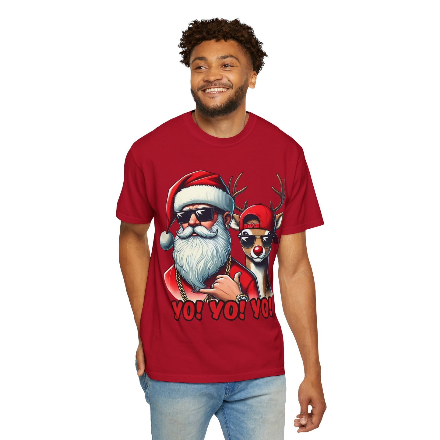 Santa & Cool Reindeer T-Shirt — 'YO! YO! YO!' Christmas Graphic Tee