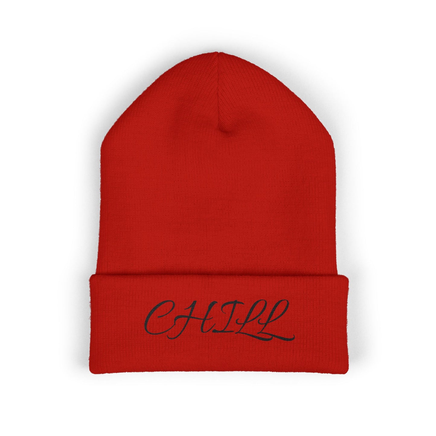 CHILL Embroidered Cuffed Beanie — Cozy Script Knit Hat