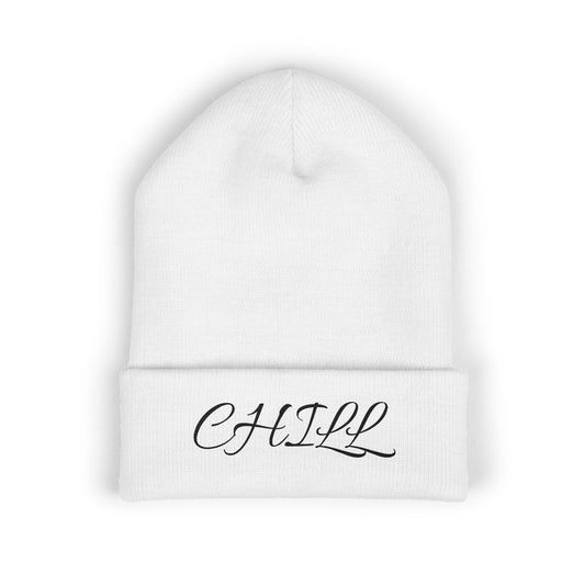 CHILL Embroidered Cuffed Beanie — Cozy Script Knit Hat