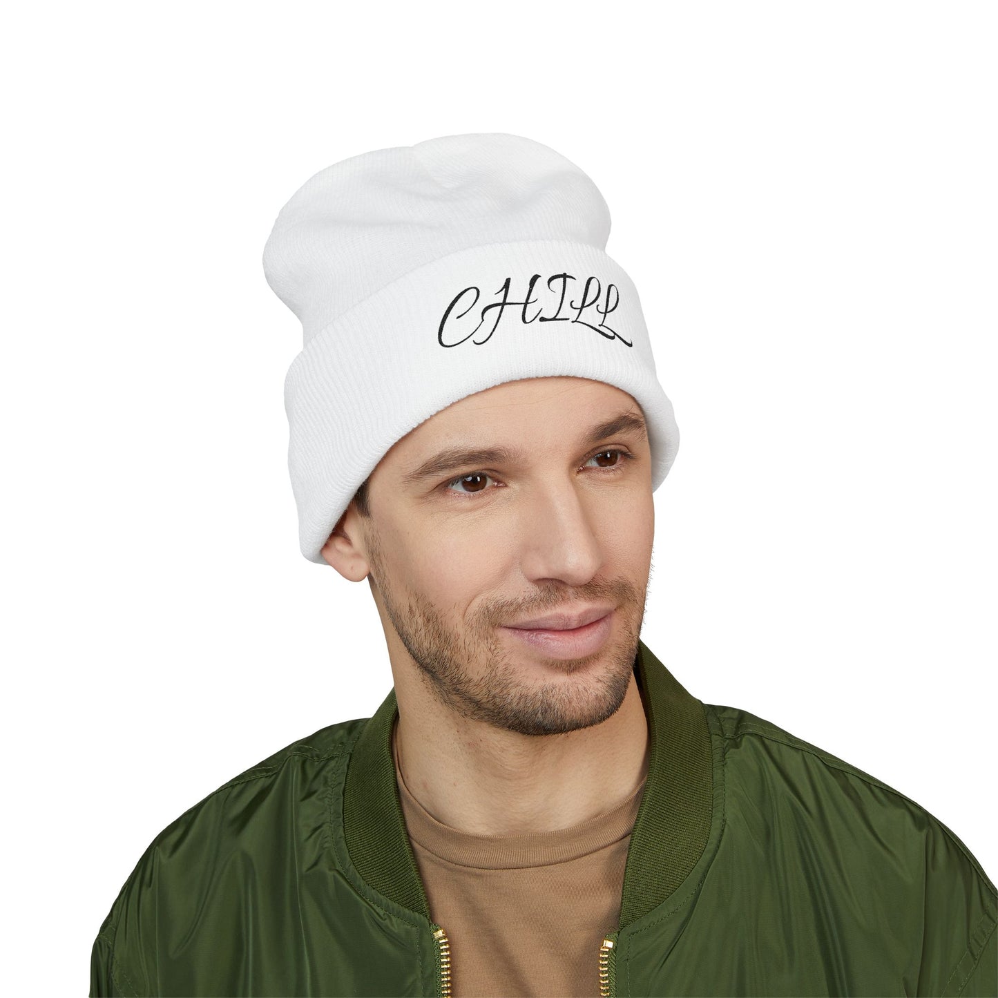 CHILL Embroidered Cuffed Beanie — Cozy Script Knit Hat