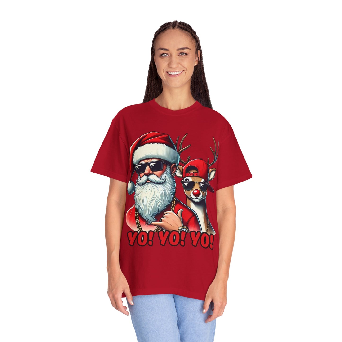 Santa & Cool Reindeer T-Shirt — 'YO! YO! YO!' Christmas Graphic Tee