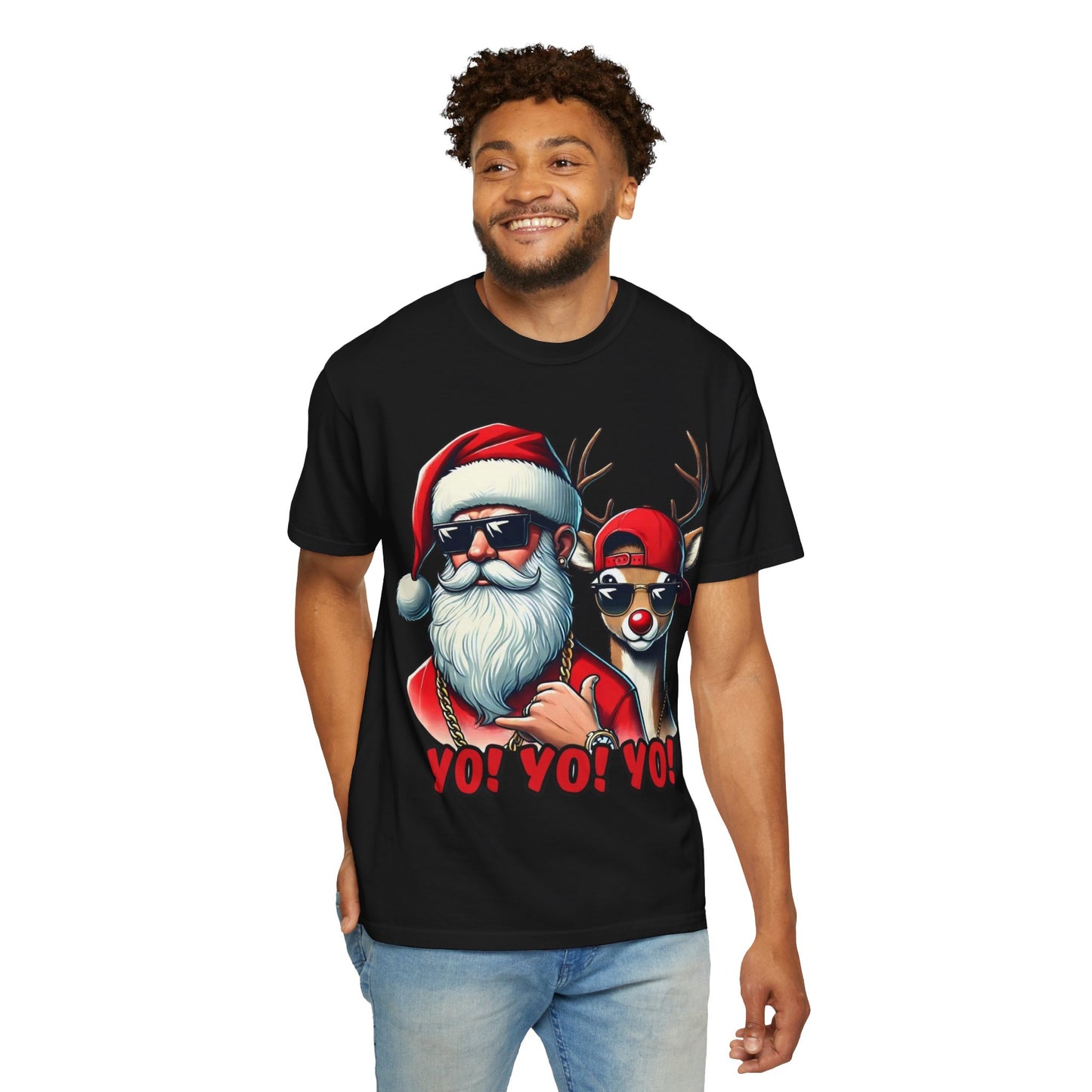 Santa & Cool Reindeer T-Shirt — 'YO! YO! YO!' Christmas Graphic Tee