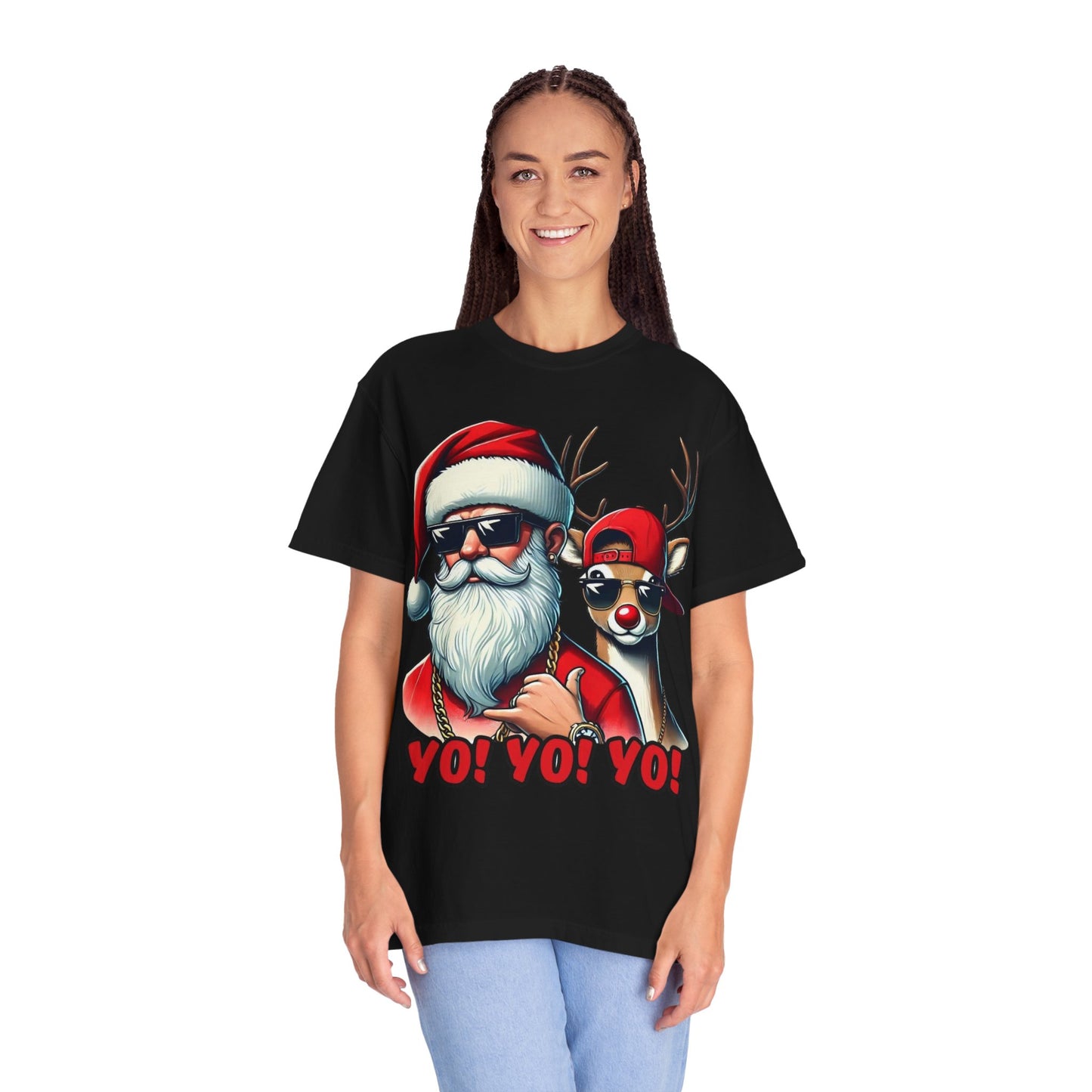 Santa & Cool Reindeer T-Shirt — 'YO! YO! YO!' Christmas Graphic Tee
