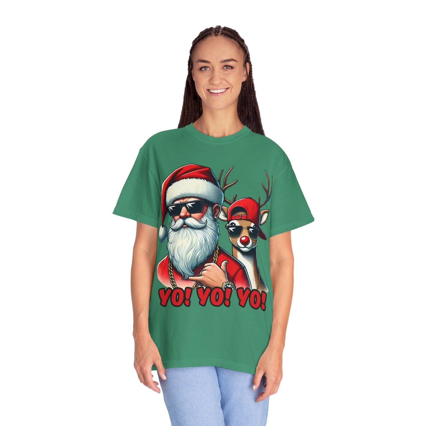 Santa & Cool Reindeer T-Shirt — 'YO! YO! YO!' Christmas Graphic Tee
