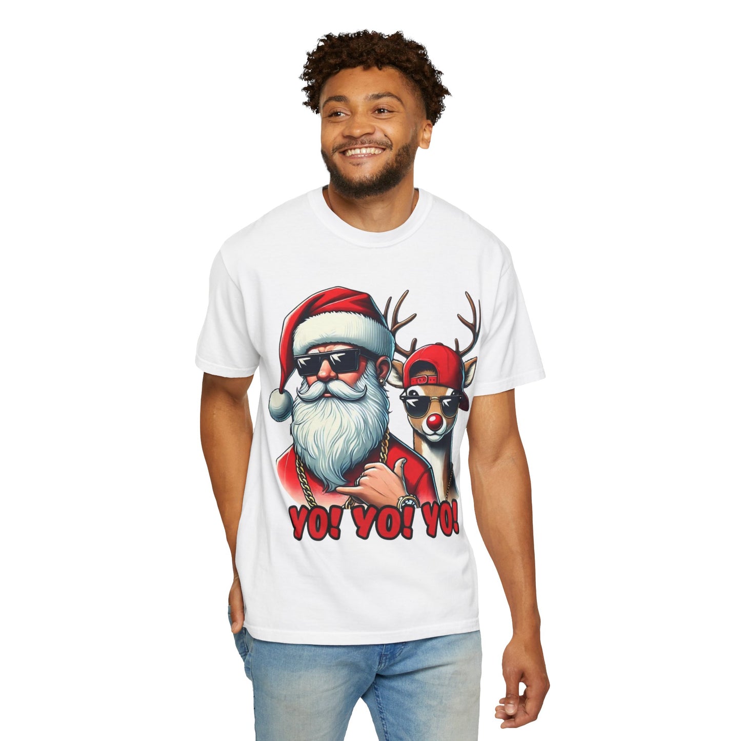 Santa & Cool Reindeer T-Shirt — 'YO! YO! YO!' Christmas Graphic Tee