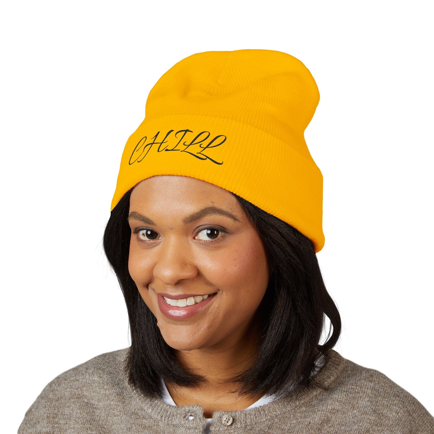 CHILL Embroidered Cuffed Beanie — Cozy Script Knit Hat