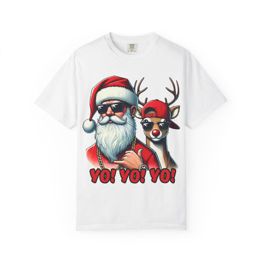 Santa & Cool Reindeer T-Shirt — 'YO! YO! YO!' Christmas Graphic Tee