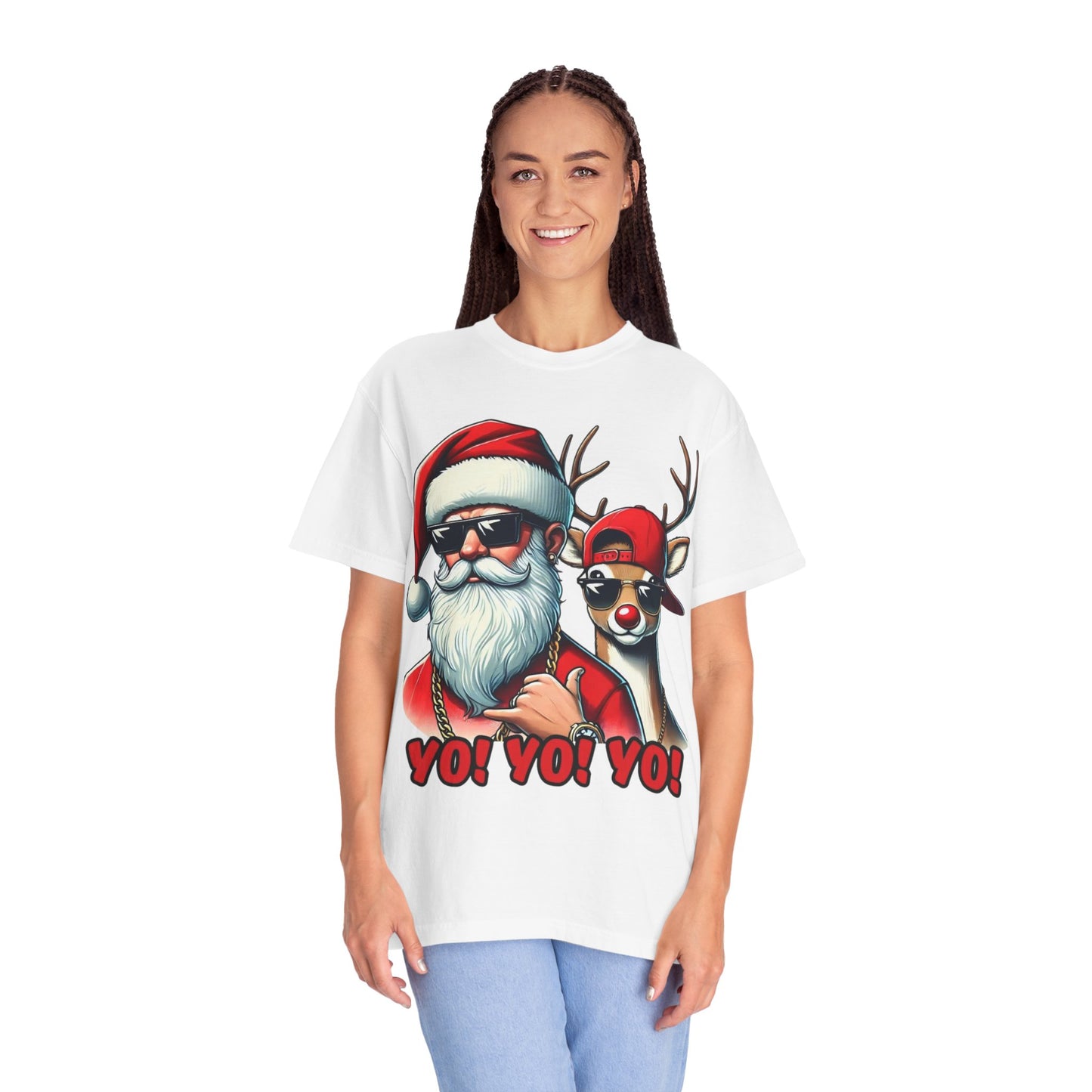 Santa & Cool Reindeer T-Shirt — 'YO! YO! YO!' Christmas Graphic Tee
