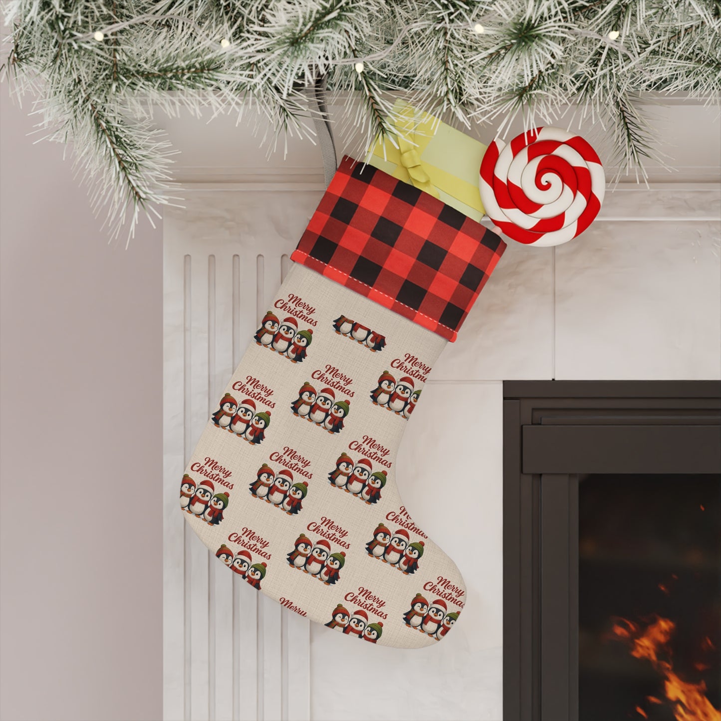 Buffalo Plaid Cuff Penguin "Merry Christmas" Stocking