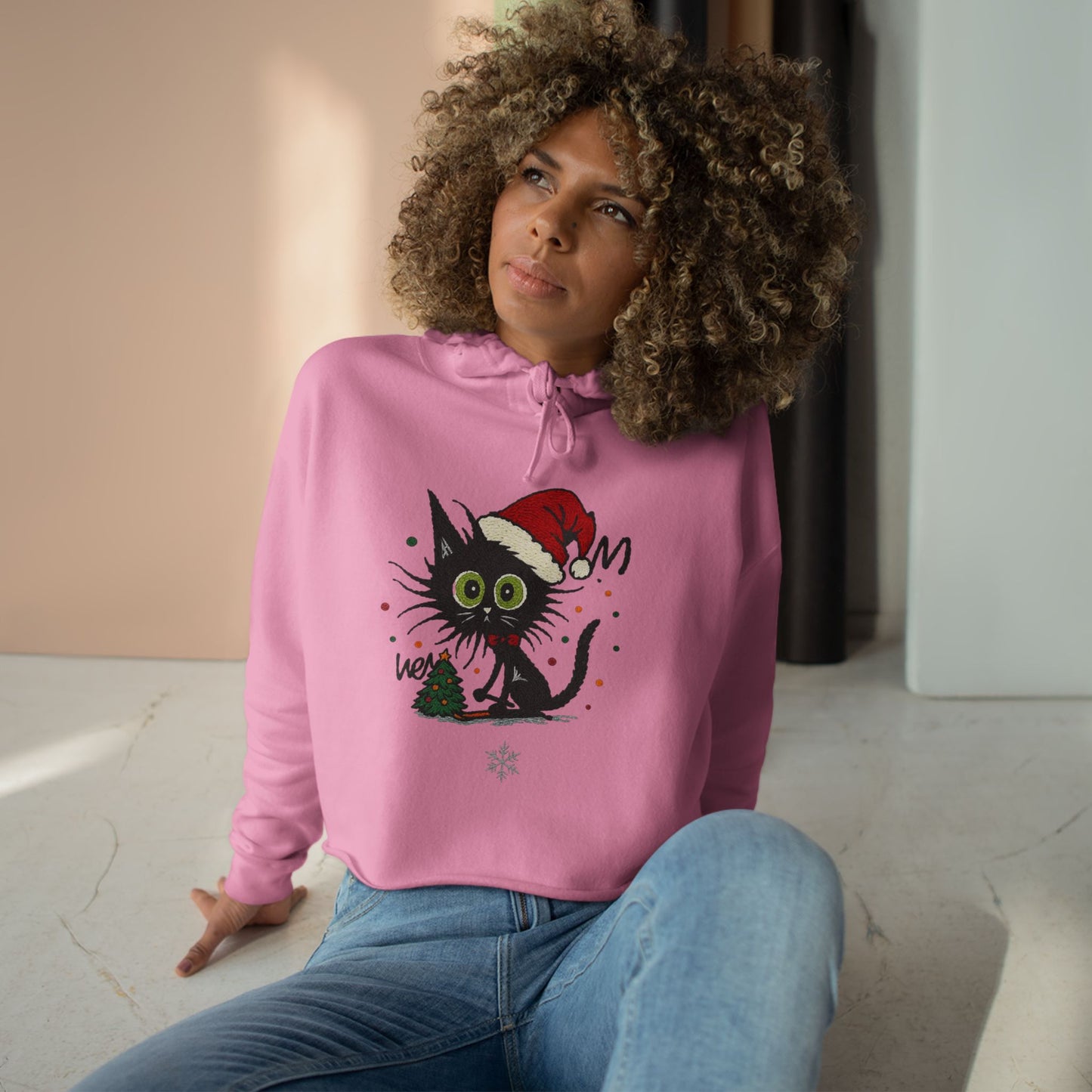 Christmas Black Cat Crop Hoodie – Cute Santa Kitty Holiday Sweatshirt