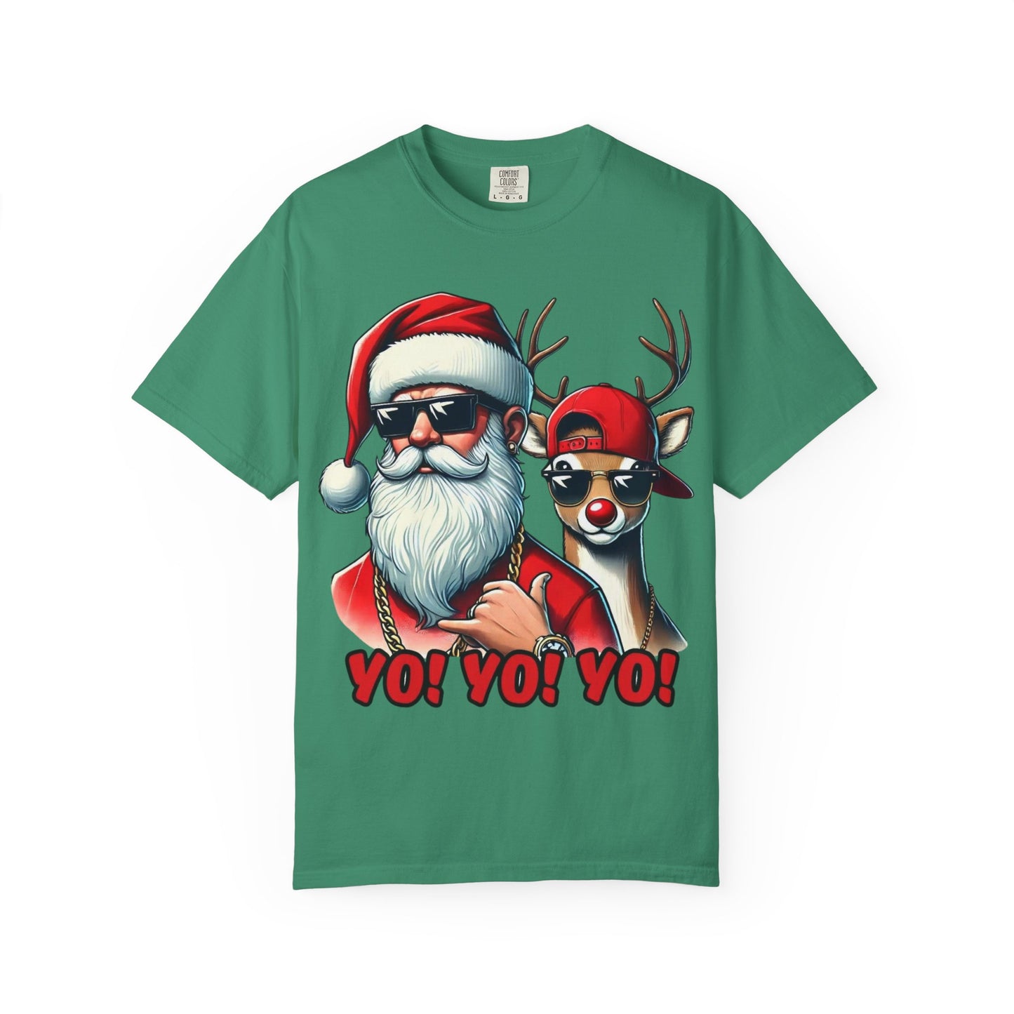 Santa & Cool Reindeer T-Shirt — 'YO! YO! YO!' Christmas Graphic Tee